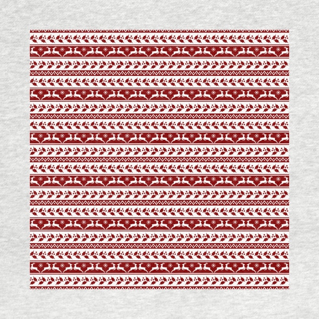 Dark Christmas Candy Apple Red Nordic Reindeer Stripe in White by podartist